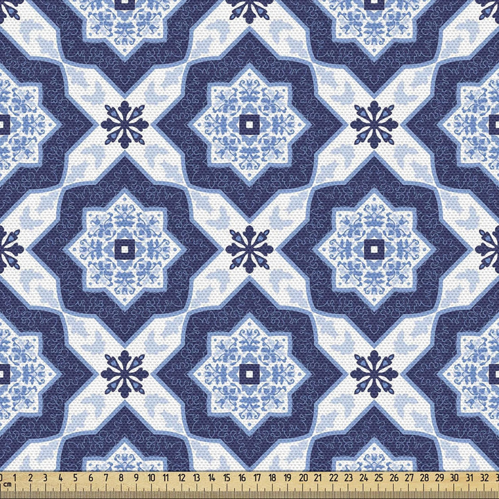 ABAKUHAUS Blau Gewebe als Meterware, Portugiesisches Azulejo-Mosaik, Dicht Gewebter Stoff zum Nähen
