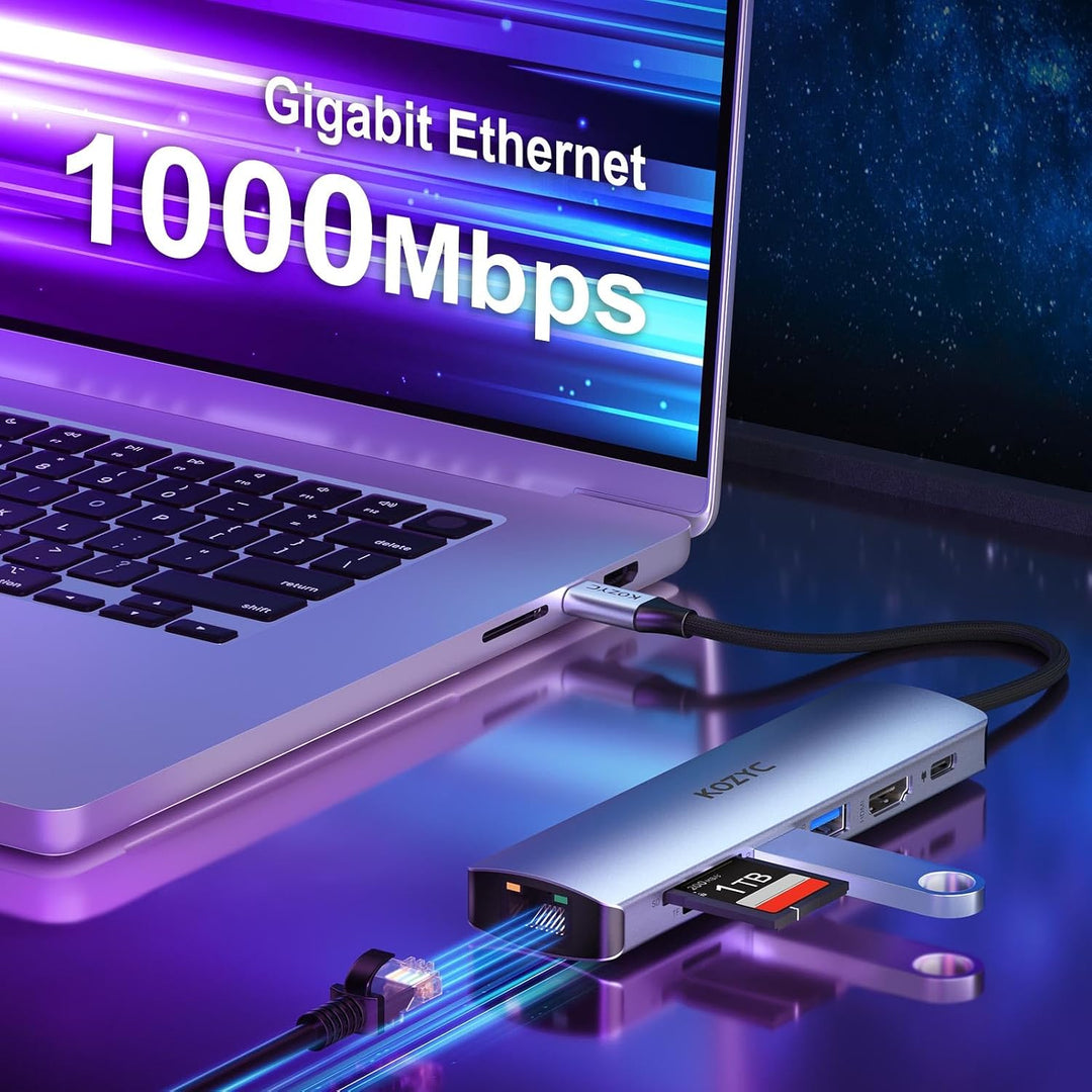 USB C Hub HDMI Ethernet, KOZYC 7 in 1 USB C Hub HDMI 4K @ 60Hz, 1Gbps Ethernet, 100W PD Charging, 2