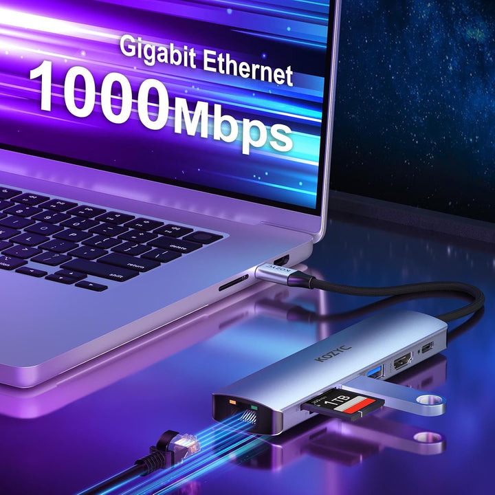 USB C Hub HDMI Ethernet, KOZYC 7 in 1 USB C Hub HDMI 4K @ 60Hz, 1Gbps Ethernet, 100W PD Charging, 2