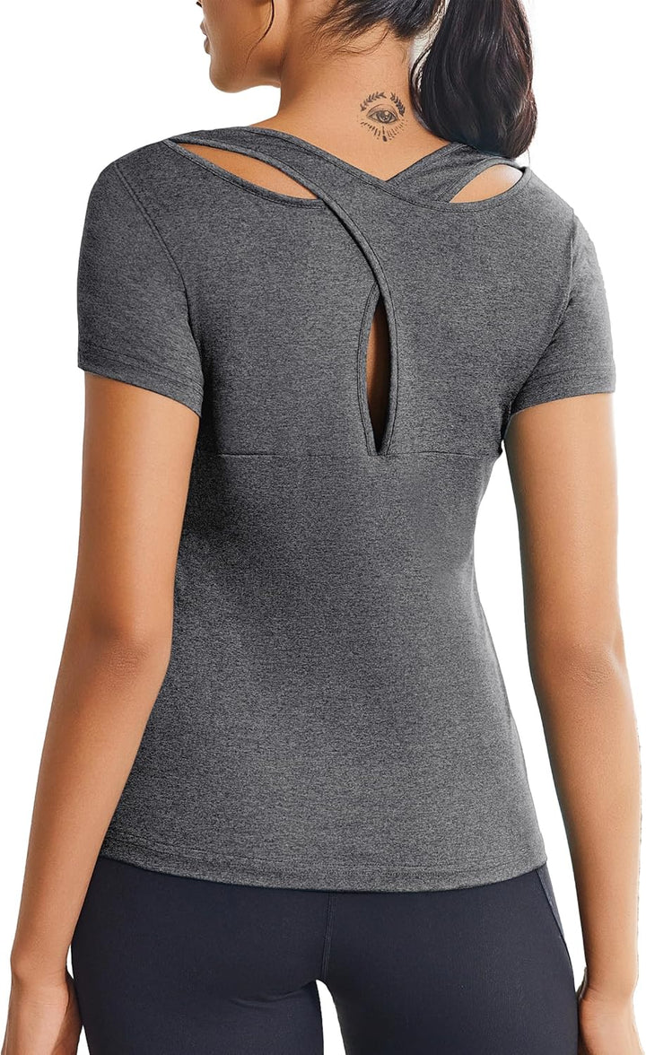 ADOME Damen Sport T-Shirt Kurzarm Sportshirt Funktionsshirt Yoga Shirt Damen Rückenfreies Oberteil L