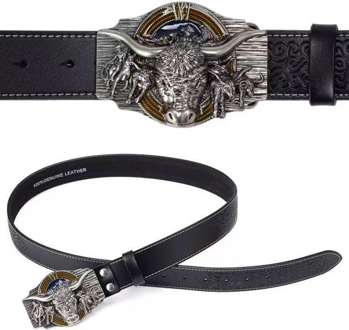 WRJAHCG Gürtel Western für Cowboy, Vintage Long Horn Bull Rodeo Western Cowboy Gürtel,Silver coffee,