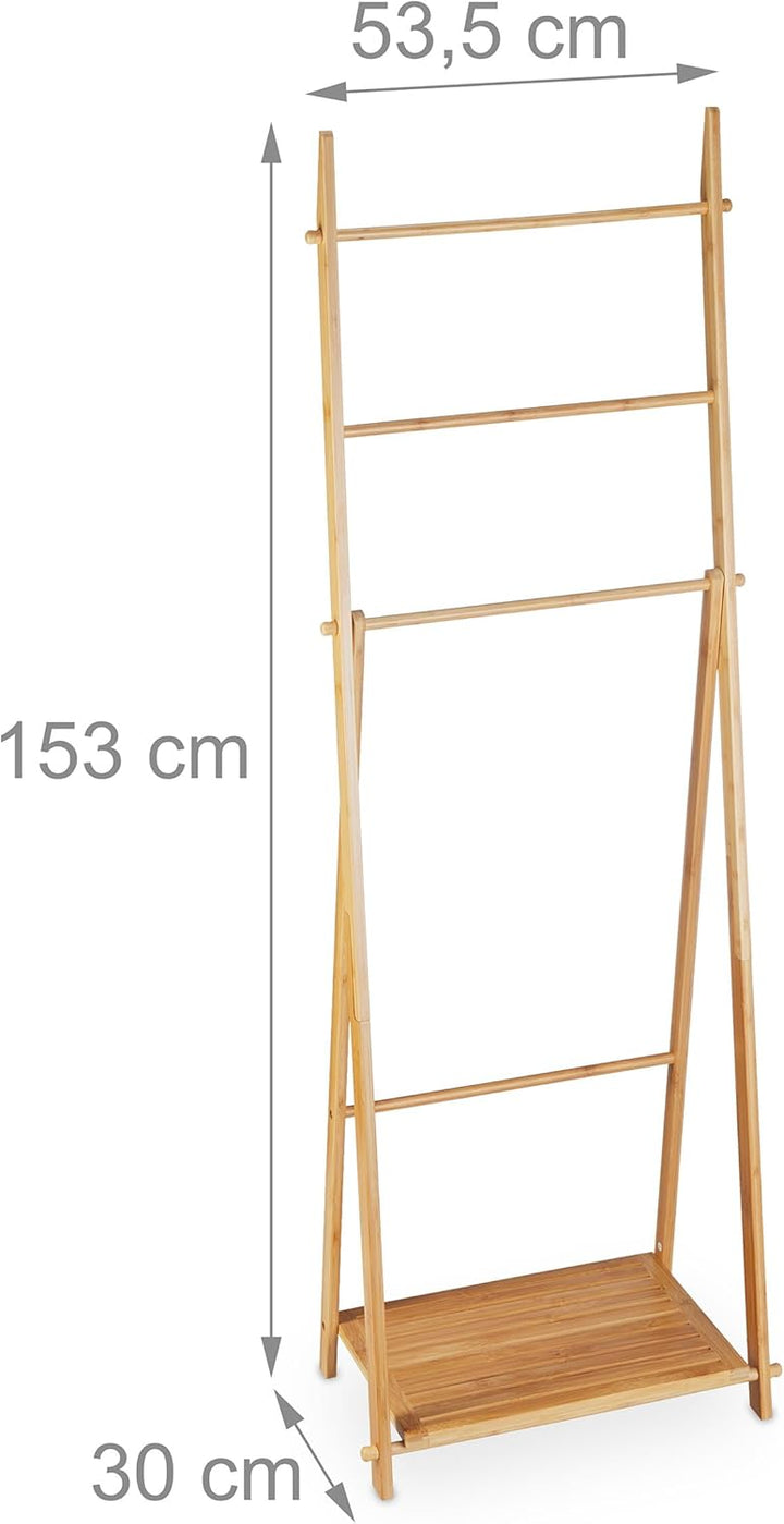Relaxdays Handtuchständer Bambus, 4 Stangen, 1 Ablage, HBT: 153 x 53,5 x 30 cm, freistehend, Duschtu