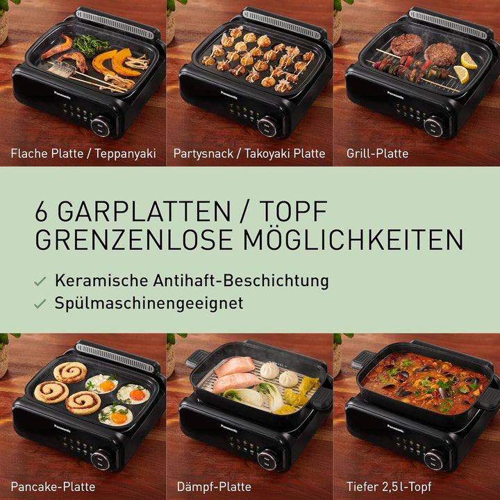 Panasonic NF-GM600 6-in-1 Elektro-Multikocher, Elektro Tischgrill, Plancha, Braten, Slow Cook, BBQ,