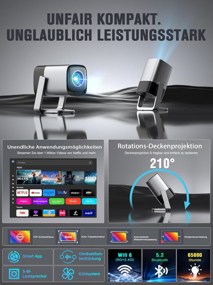 Smart Mini Beamer 4K Kompatibel mit Netflix & Dolby Audio, XuanPad 30000 Lumen Beamer mit TOF Autofo