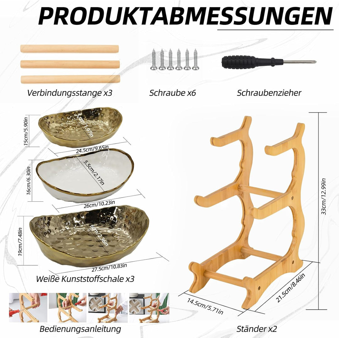 Dreistöckiges Obstregal, Obstschale, Keramik, Bambusfuss. Moderne Obstschale für die Küche zum Präse
