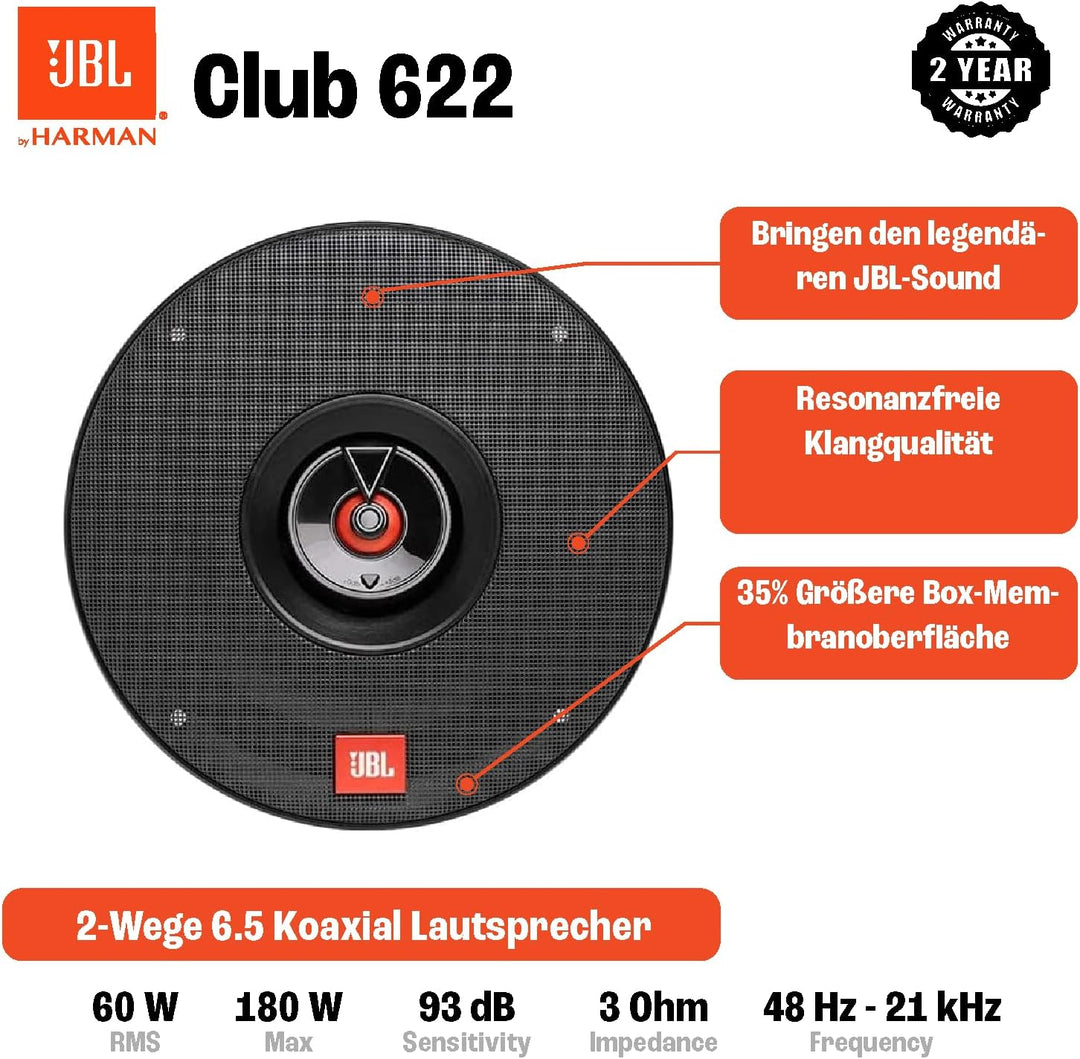 JBL Club 622 2-Wege Auto Lautsprecher Set von Harman Kardon - 180 Watt Pro KFZ Autolautsprecher Boxe