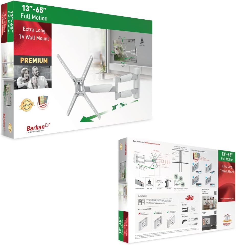 Barkan Weiss TV Wandhalterung, 13-65 Zoll Schwenkbar/Neigbar/Vollbewegung flach & Curved Fernseher T