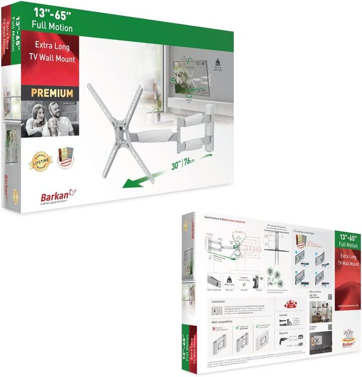 Barkan Weiss TV Wandhalterung, 13-65 Zoll Schwenkbar/Neigbar/Vollbewegung flach & Curved Fernseher T
