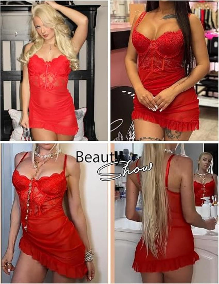 Avidlove Damen Spitze Body Kurz Kleid Sexy Dessous mit Bügel Mesh Nachthemd mit String Plissiertes B