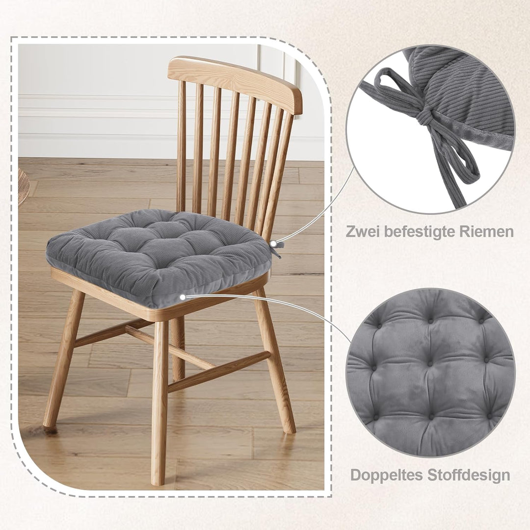 2er Set Stuhlkissen, 40x40x7 cm, Hellgrau – Bequeme Sitzkissen aus Cordstoff und Kristallsamt mit Bi