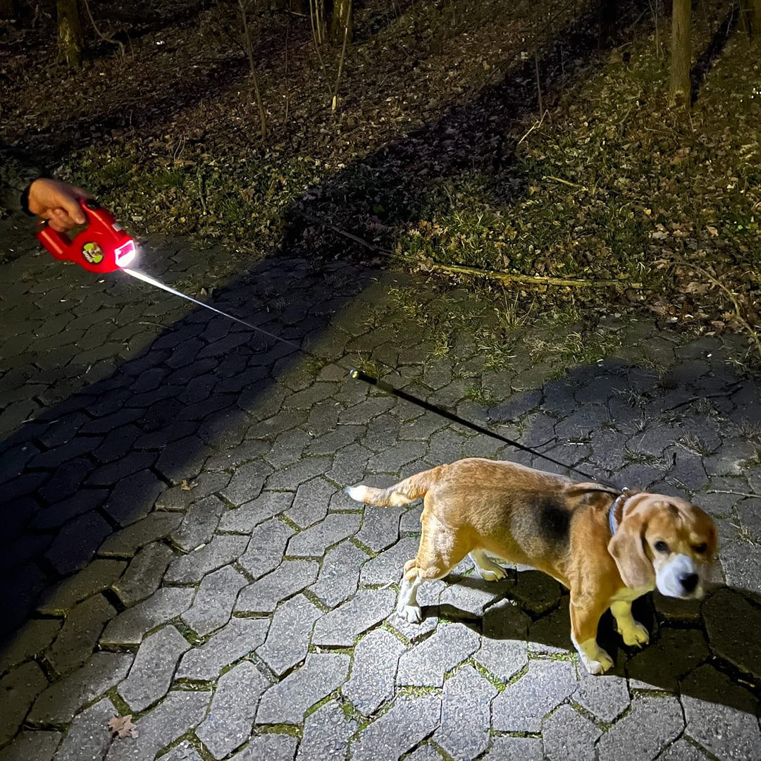 Rollleine Automatik-Hundeleine 5m, einziehbar, mit Kotbeutel-Fach und integrierter Taschenlampe, max