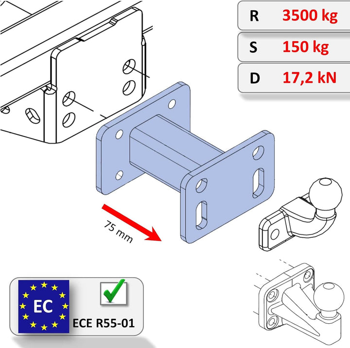 XIMPLIO Adapter Verlängerung Hakenverlängerung für Flanschkugel Anhängerkupplung AHK mit ABE (75 mm)