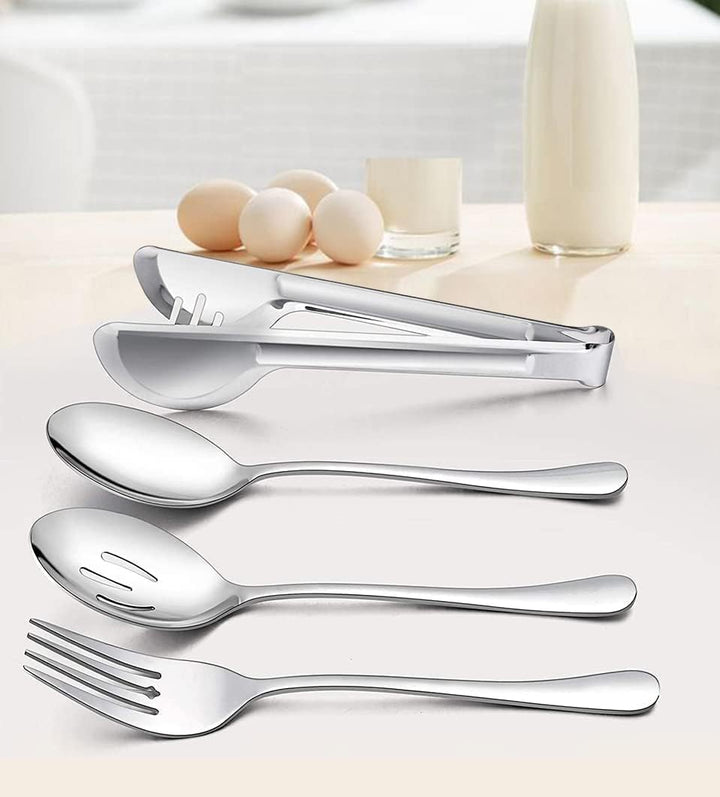 10 Stück Grosses Silber Servierutensilien-Set, Edelstahl-Servierutensilien-Set mit grossen Servierlö