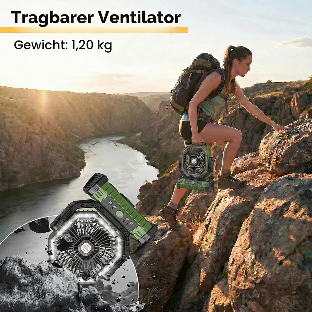Vxoyo 20000mAh camping ventilator mit Licht, 4 Stufen, Akku-Zeltlüfter mit FB &amp; Haken, 8h Timer, Ebe
