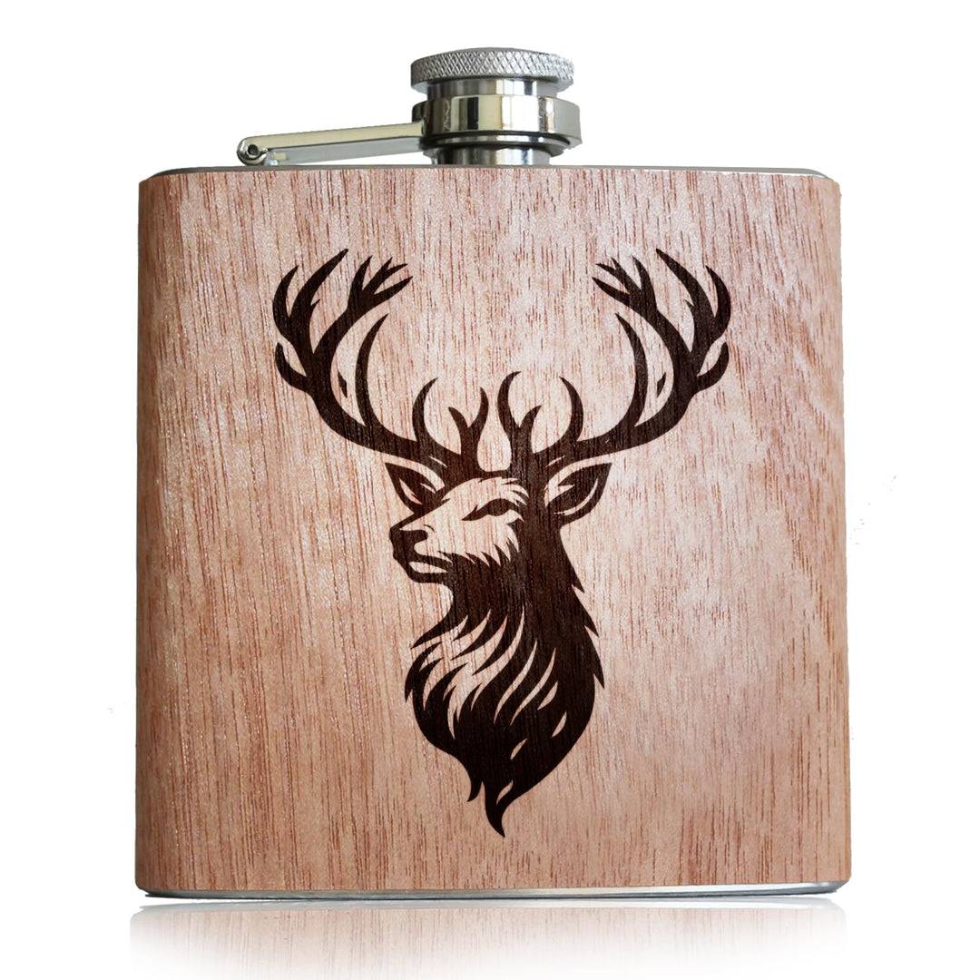 Holz Flachmann mit Hirsch Gravur | Accessoires Jagd Flachmann Jäger Geschenke für Männer mit Hirsch