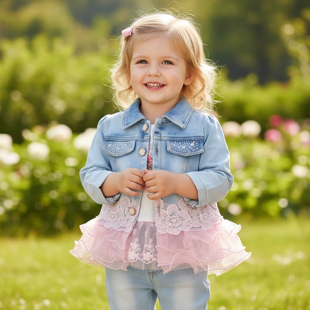 Yao Baby kleidung,Baby Mädchen Kleidungsset 3tlg Button-Stil Jeansjacke gestickte langarm T-Shirt un