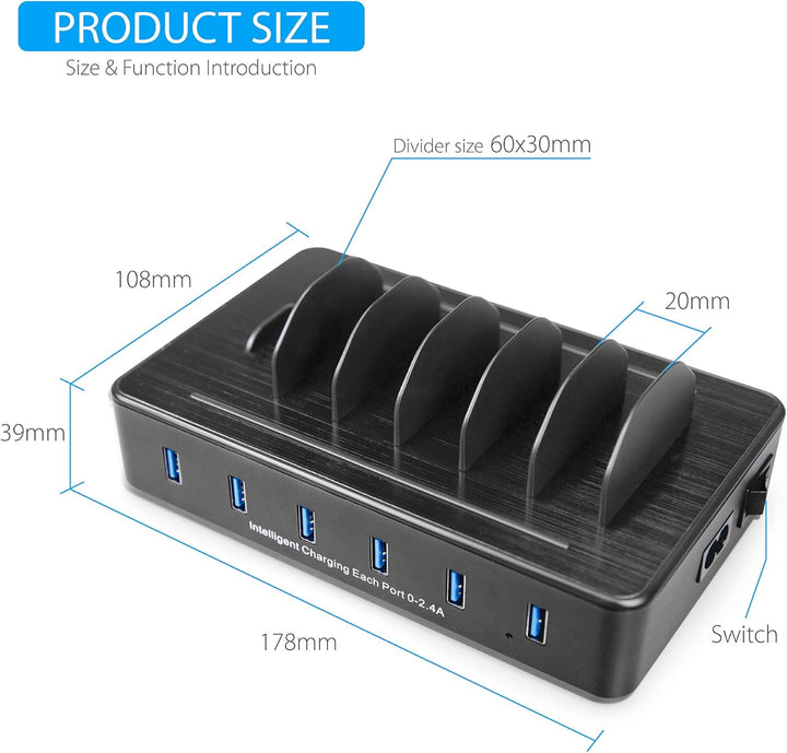 TechDot Handy USB Ladestation Ladestation Mehrere Geräte 6 Port USB Multi Ladestation für Handys Sma