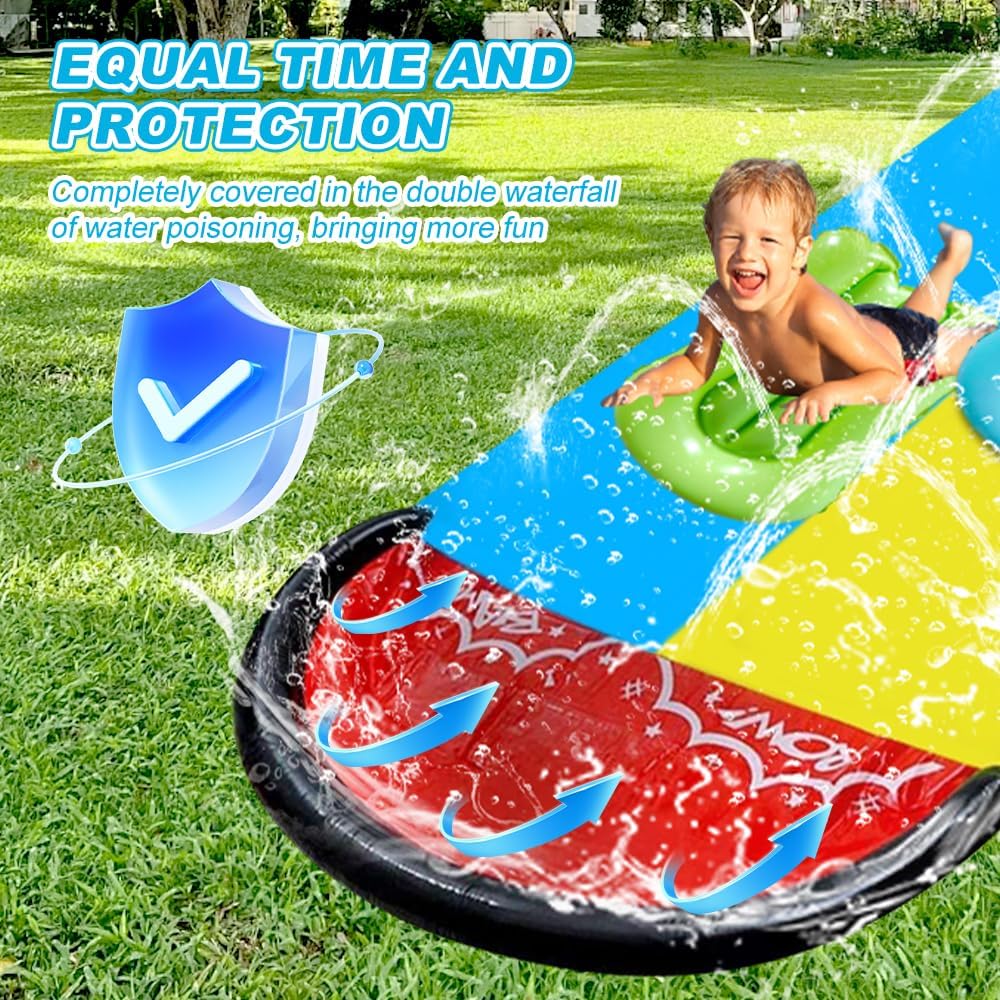 Wasserrutsche Garten für Kinder, 6.1*1.4M Aufblasbare Wasserrutsche mit 2 Bodyboards, Doppelte Wasse