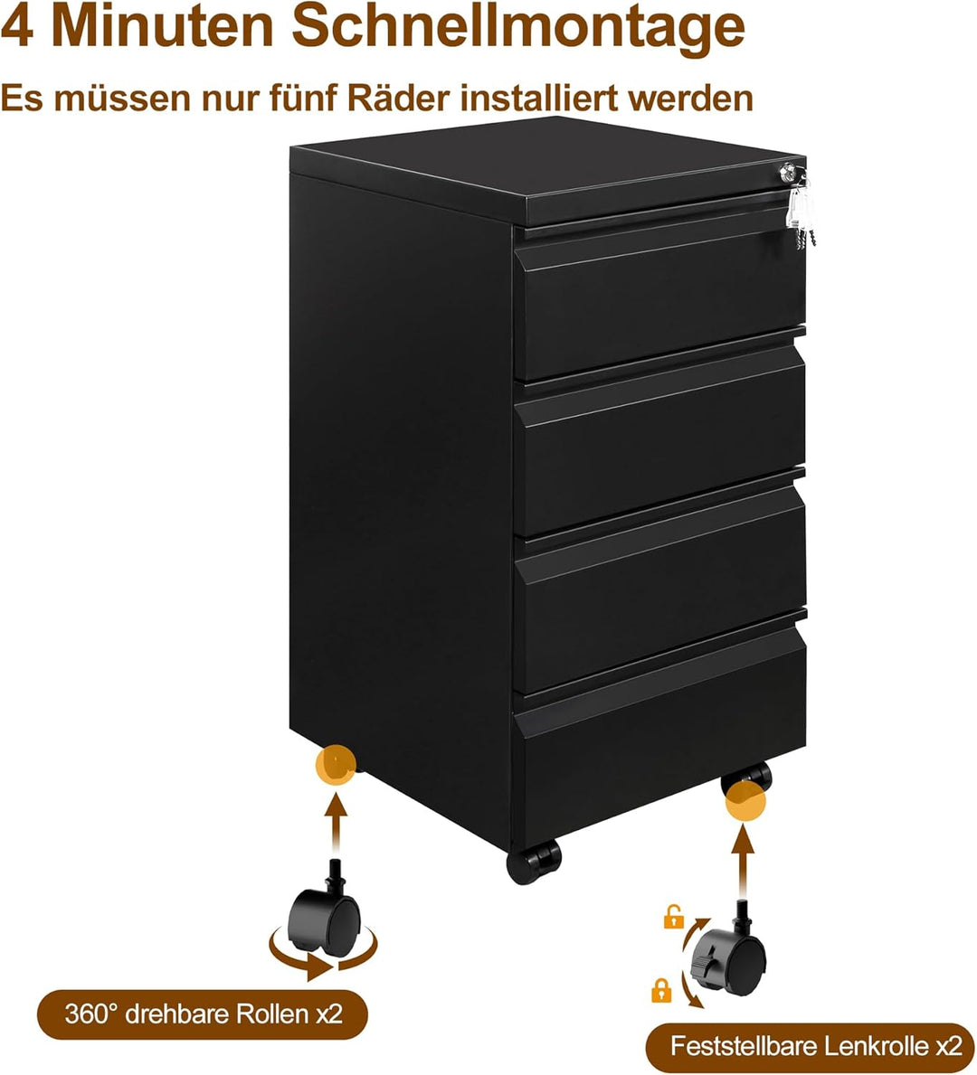 Rollcontainer, Mobiler Aktenschrank mit Schloss, 4 Schlüssel, 4 Schubladen, Büroschrank aus Metall,