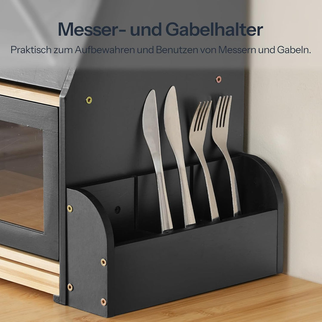 HOOBRO 2-stöckiger Brotkasten Bambus mit Schneidebrett und Besteckhalter, Brotbox mit Acryltüren, Br