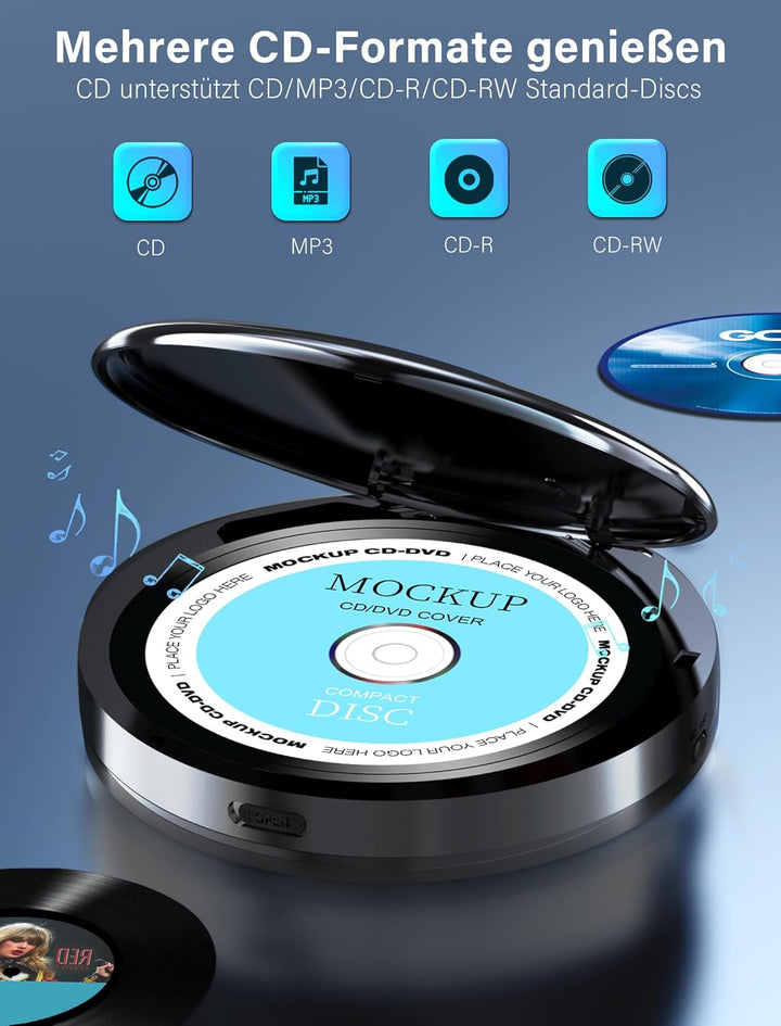 Walkman CD-Player mit Bluetooth - 2000mAh Wiederaufladbarer Discman CD-Player mit FM-Transmitter, Ko