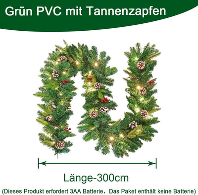 UISEBRT Weihnachtsgirlande mit Beleuchtung Tannengirlande 3m, mit 50 LEDs Tannenzapfen Rote Beere Kü