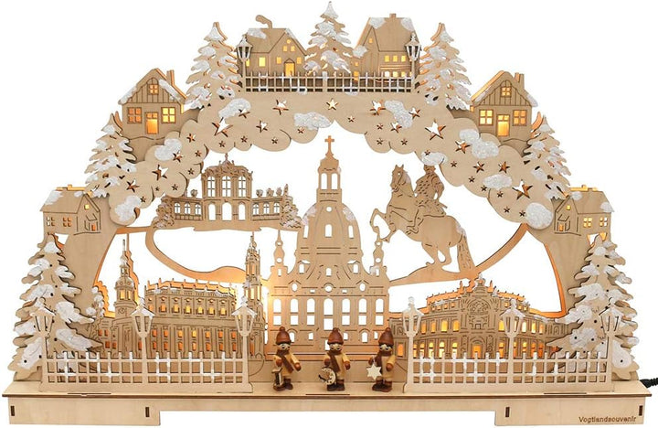 Dekohelden24 3D LED Schwibbogen, verschneit, Motiv: Dresdner Frauenkirche, ca. 60 x 7,5 x 39 cm, Dre