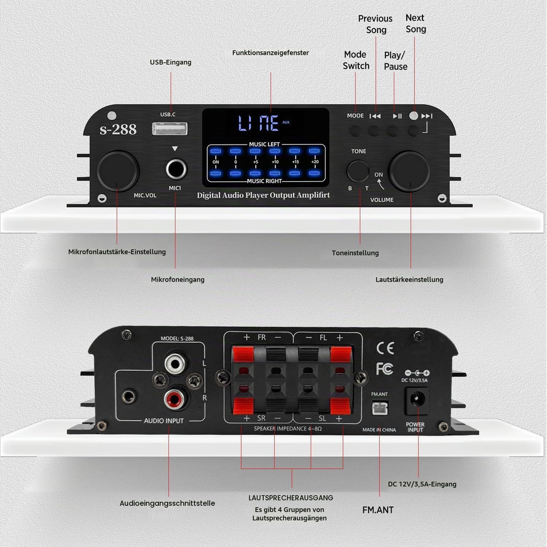 4.1-Kanal Verstärker, 1200W Mini HiFi Stereo Verstärker, Bluetooth 5.0 für Heimlautsprecher 35W x 4