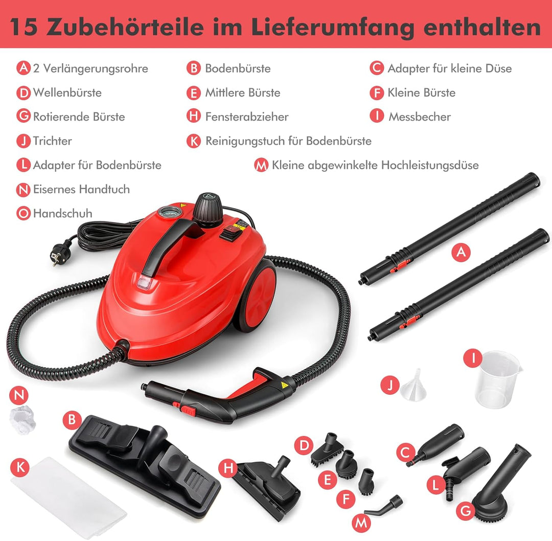 COSTWAY Dampfreiniger 2000W, Dampfdruck: max. 5 bar, Temperatur bis zu 160℃, Flächenleistung: 108 m²