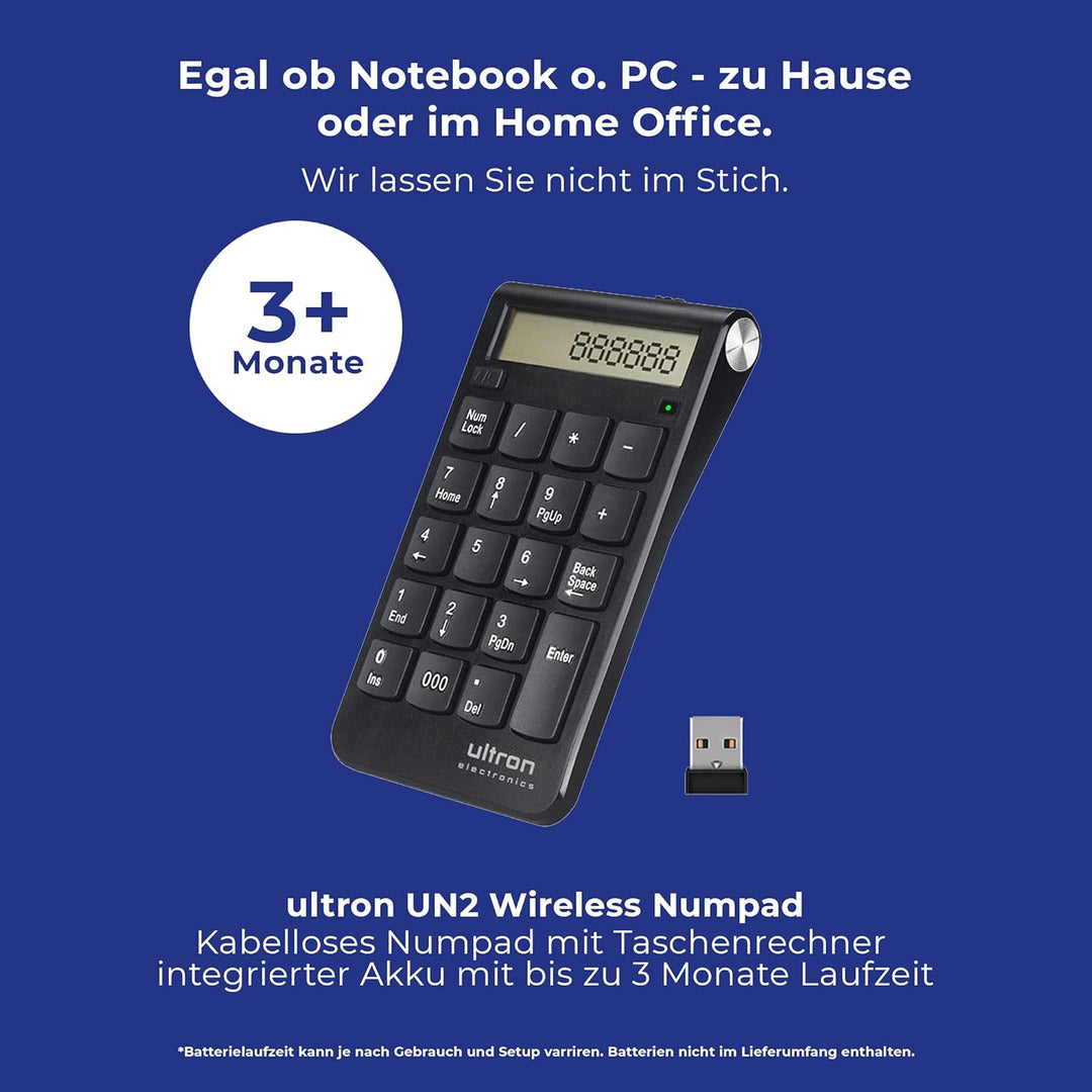 Ultron 364181 UN2 Ziffernblock, 2,4 GHz Taschenrechner USB Ziffern-Block Kabellos, Numpad Wireless m
