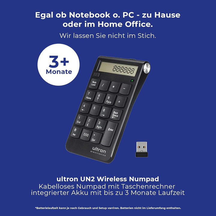 Ultron 364181 UN2 Ziffernblock, 2,4 GHz Taschenrechner USB Ziffern-Block Kabellos, Numpad Wireless m