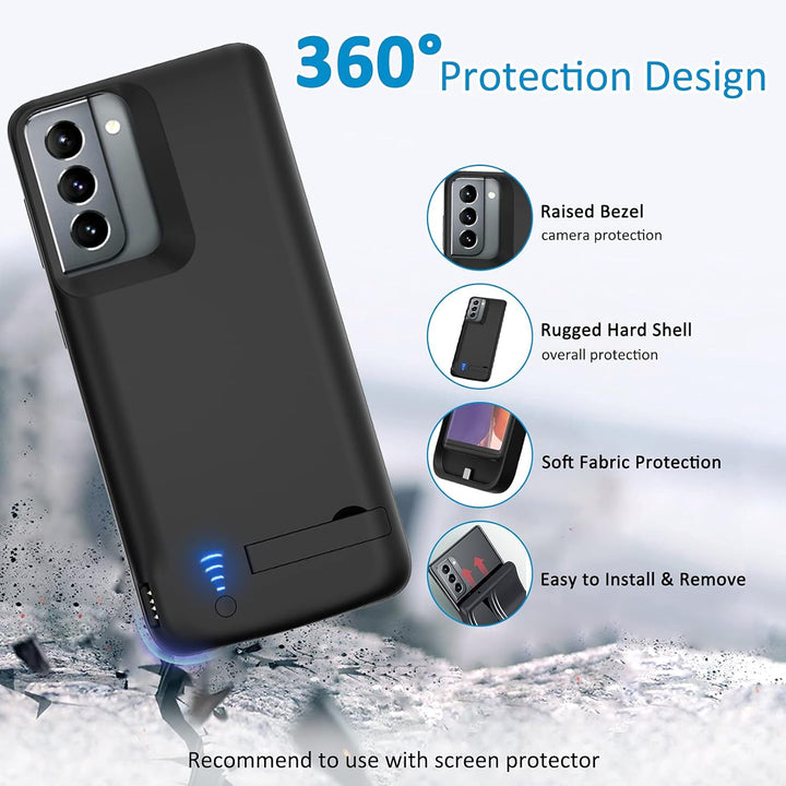 Gladgogo Akku Hülle für Samsung Galaxy S21, [4800 mAh] Battery Case Akkuhülle Mit klappbarem Ständer