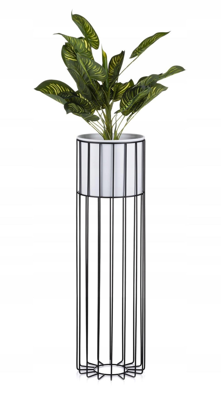 Moderne Blumenständer Metall 70 cm Hoch mit Weiss Blumentopf Rund 19 cm Ø auf Robuste Schwarz Stände