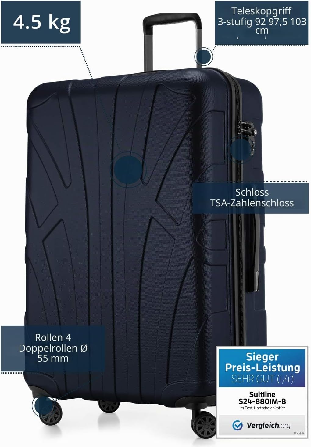 suitline - Grosser Hartschalen-Koffer Koffer Trolley Rollkoffer XL Reisekoffer, TSA, 76 cm, ca. 96-1