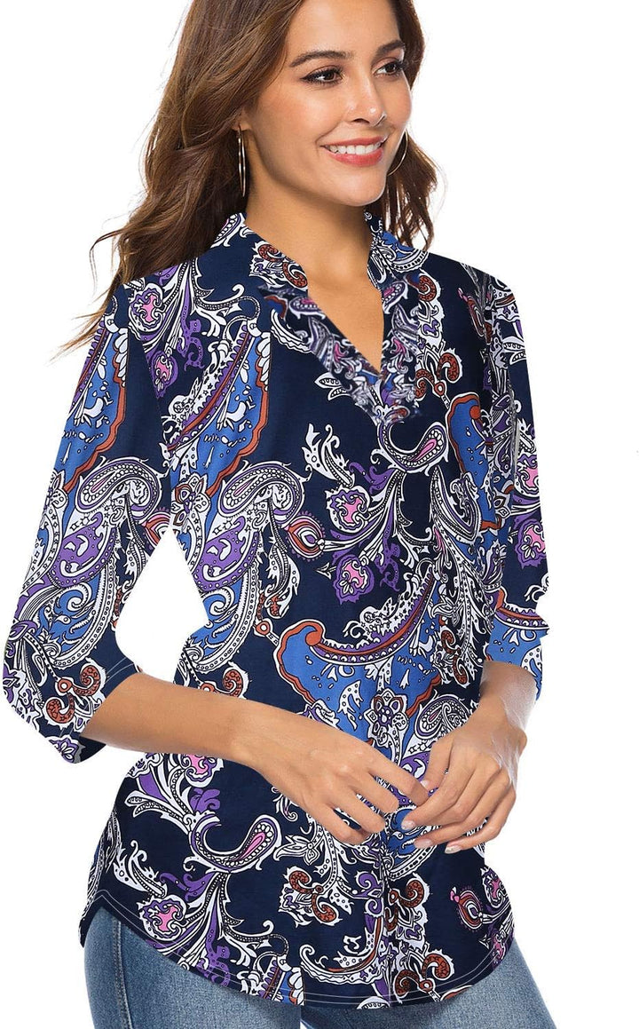 CEASIKERY Damen Shirt Tunic Shirt Tunic L Violett (Blumenmuster), L Violett (Blumenmuster)