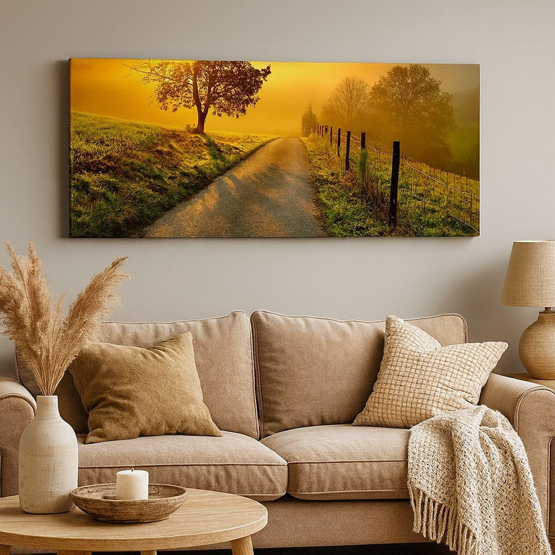 Wandbilder Dekoration Wohnzimmer Feld Strasse Baum Panorama Bilder auf Leinwand 120x50cm Leinwandbil