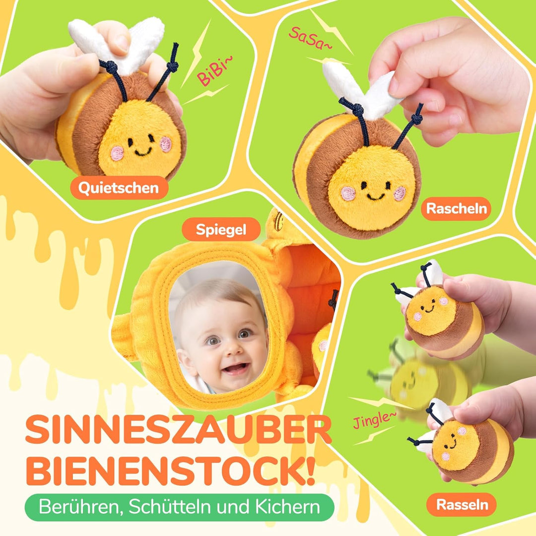 JoyCat Baby Spielzeug 6 Monate, Baby Bienenstock mit 5 Bienen, Rassel, Spiegel, Montessori Spielzeug
