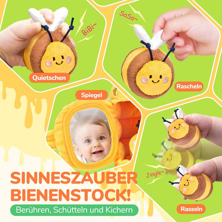 JoyCat Baby Spielzeug 6 Monate, Baby Bienenstock mit 5 Bienen, Rassel, Spiegel, Montessori Spielzeug
