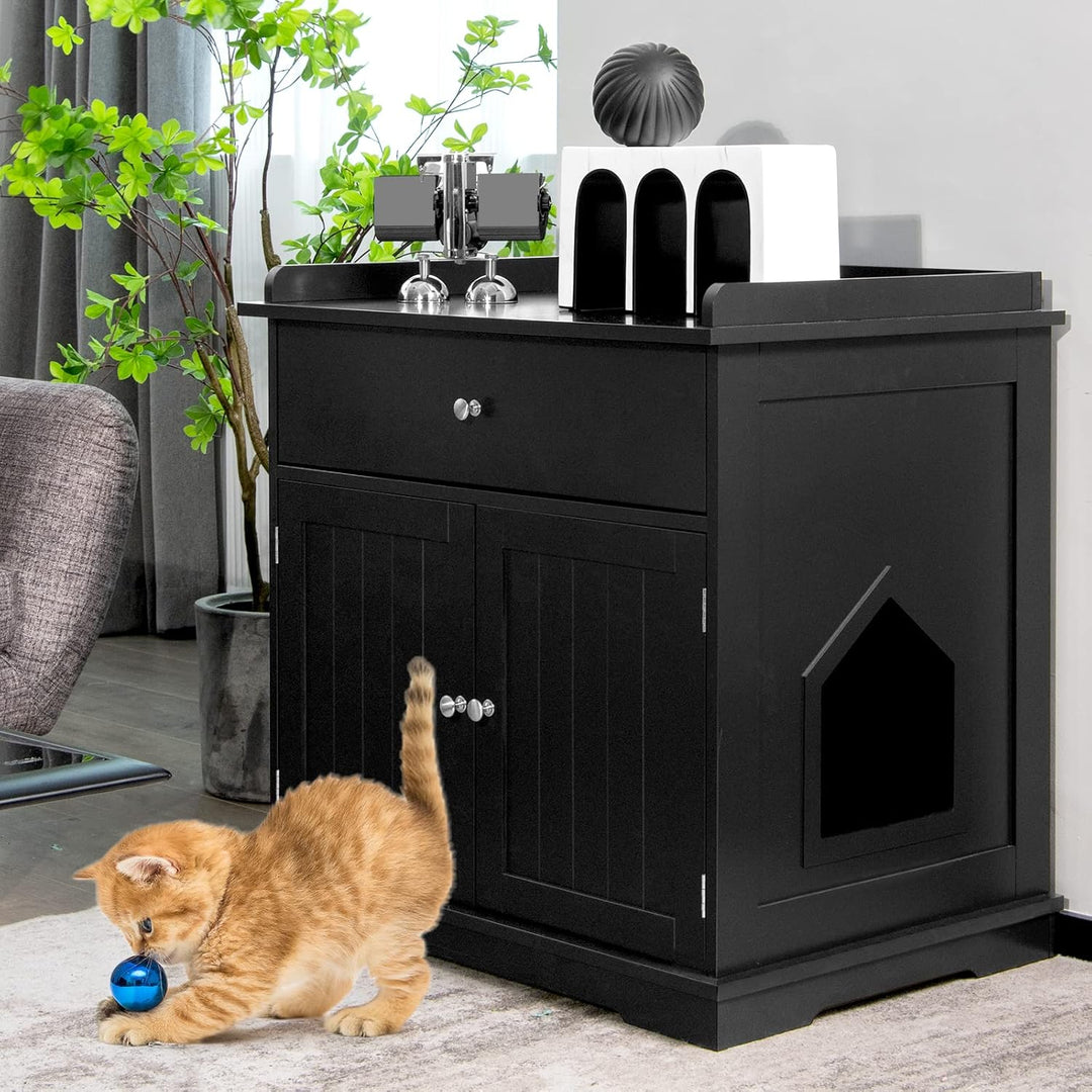 COSTWAY Katzenschrank mit Schublade & Tür & Eingang, 3-in-1 Katzenhaus Katzentoilette Beistelltisch,