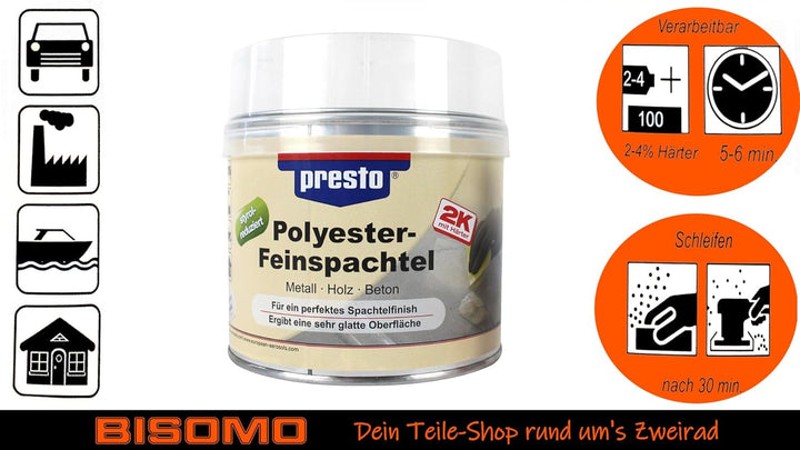 2K Polyester Feinspachtel, 2-Komponenten Spachtel, Füller 250g - 1000g, ergibt sehr glatte Oberfläch