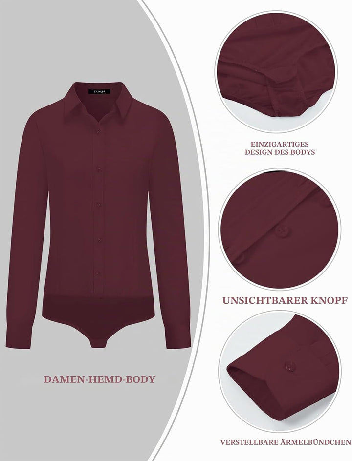 Tapata Damen-Bodysuit-Bluse mit Knöpfen, einteilig, langärmlig, solides Büroarbeitshemd, lässige Obe