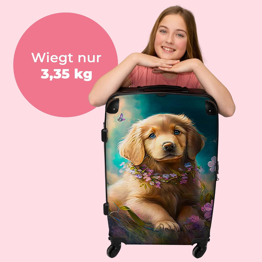 Koffer gross Trolley Rollkoffer Reisekoffer mit 4 Rollen Fotokoffer - Welpe - Blumenkranz - Schmette