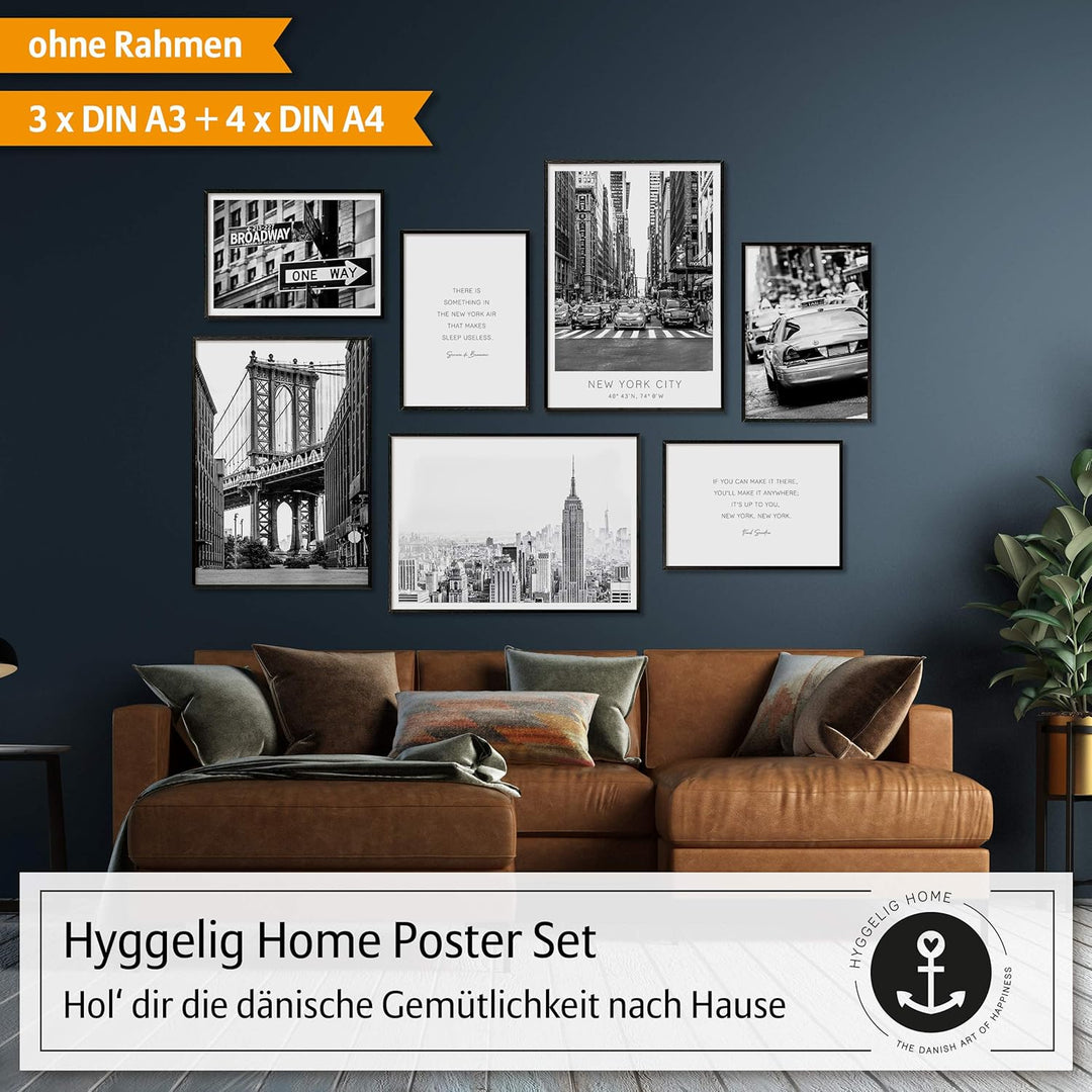 Hyggelig Home Premium Poster Set - 7 schwarz weiss Bilder im Set - Deko Skyline Manhattan- Set New Y
