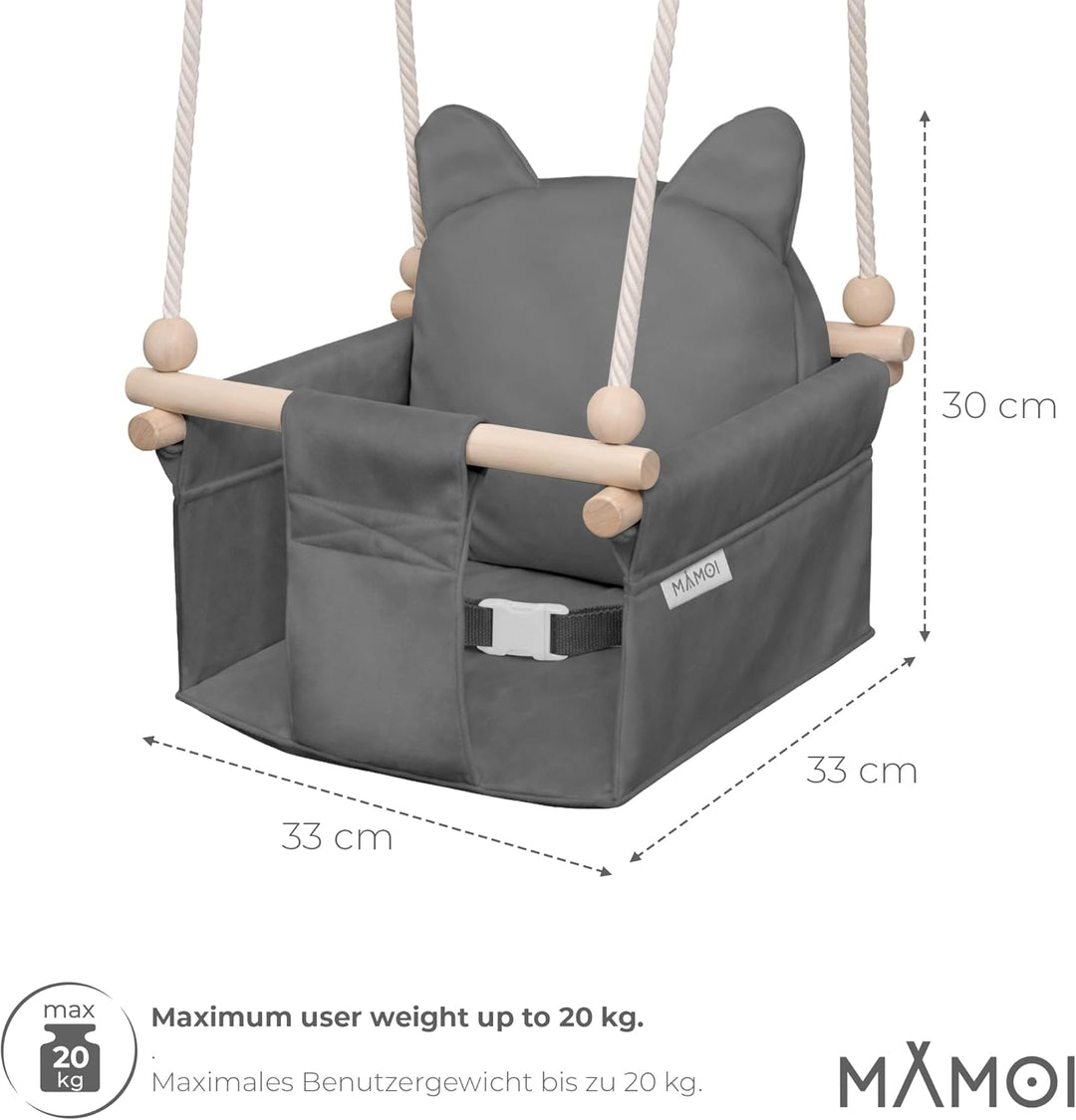 MAMOI® Babyschaukel Kinderschaukel Holz + SICHERHEITSGURT, Schaukel für Kinder Garten Indoor Outdoor