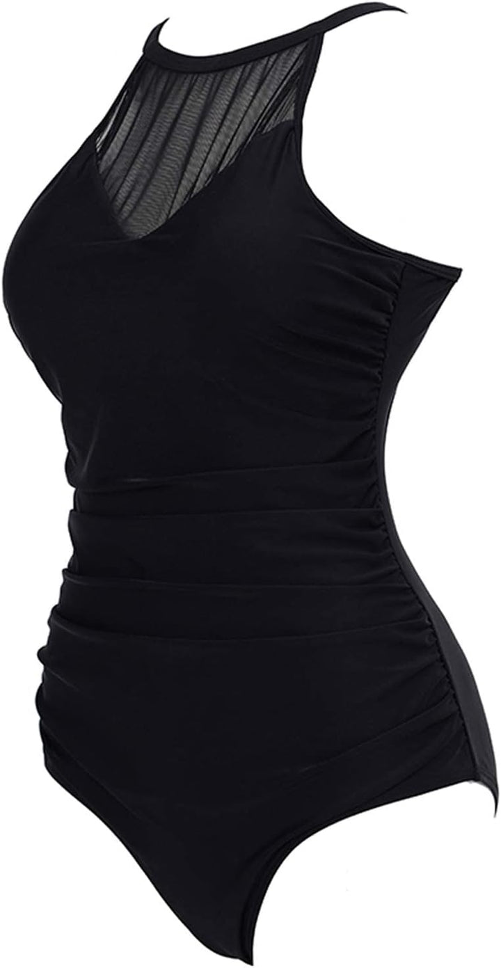 VILOREE Damen Schlankheits Badeanzug Raffung Einteiler High Neck Bademode Strandmode XXL Schwarz 