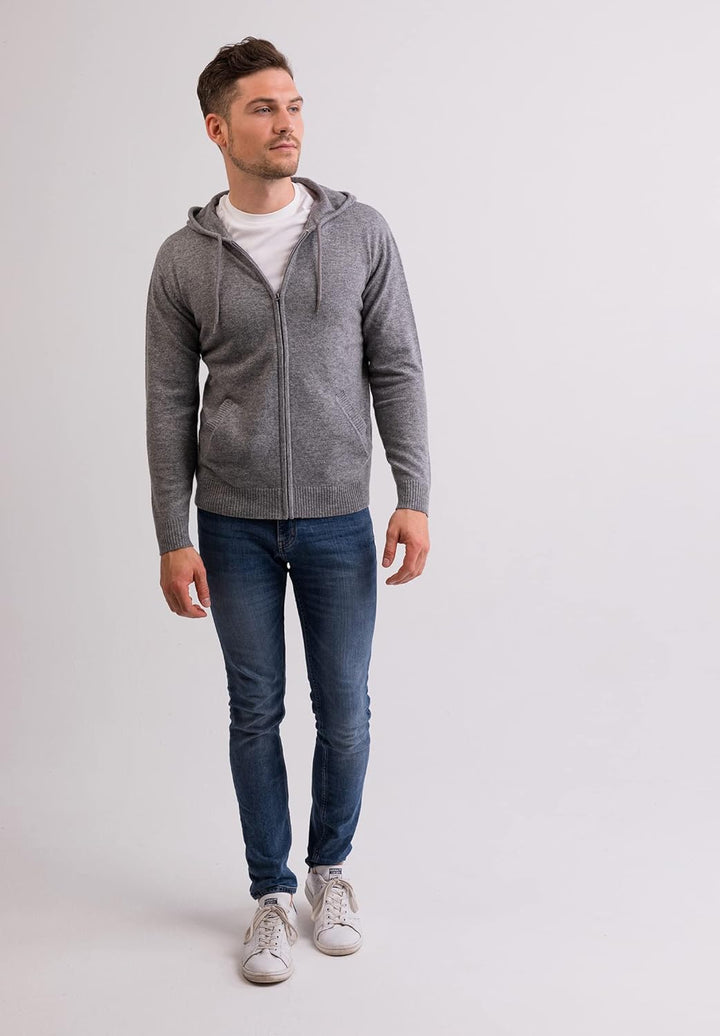 CASH-MERE.CH 100% Kaschmir Herren Kapuzenpullover | Hoodie mit Reissverschluss S Grau, S Grau