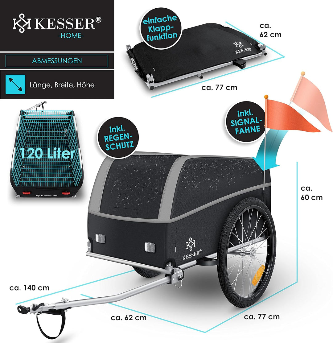 KESSER® Fahrradanhänger Lastenanhänger Transportanhänger Hochdeichsel mit Kupplung, Inkl. Abdeckung