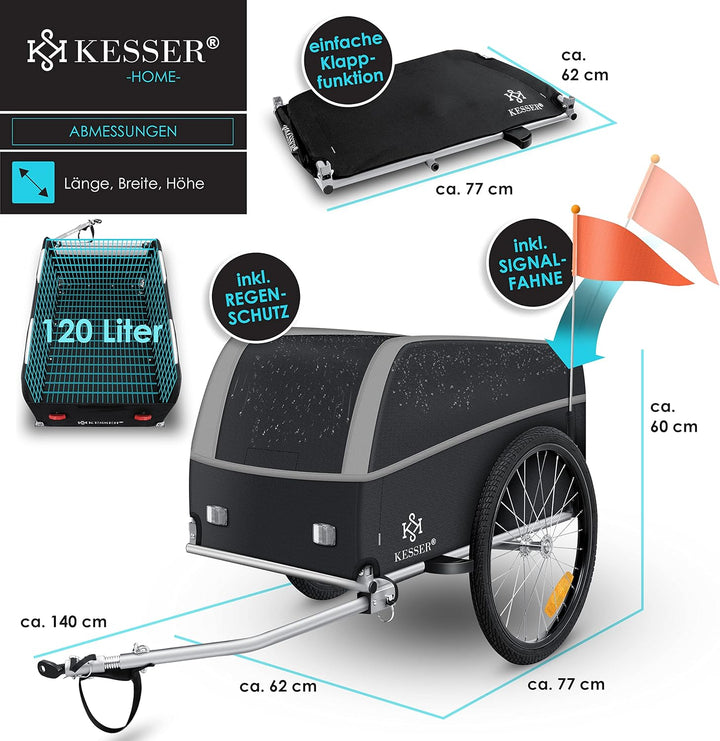 KESSER® Fahrradanhänger Lastenanhänger Transportanhänger Hochdeichsel mit Kupplung, Inkl. Abdeckung