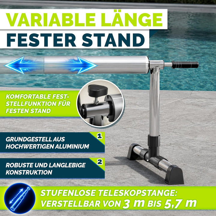 tillvex Pool Aufroller Premium 3-5,70 m mit Vollgummireifen | Aufrollsystem für Solarfolie | Aufroll