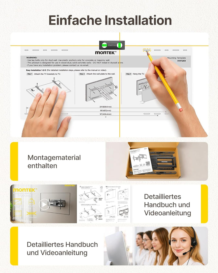monTEK TV Wandhalterung für die meisten 37–90 Zoll Fernseher bis 75 kg, Wandhalterung Fernseher mit